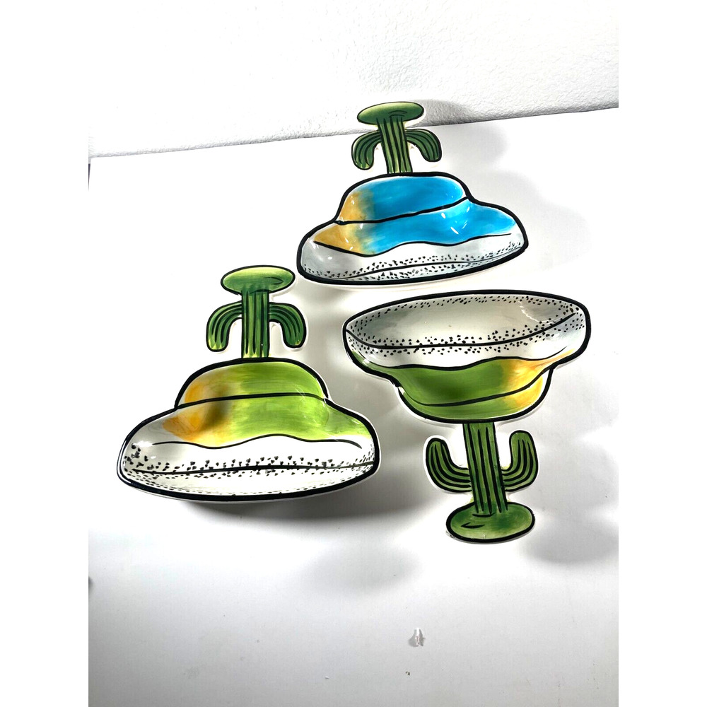 Ceramic Cactus Chip Salsa Appetizer Dip Bowls Clay art Lot‎ of 3